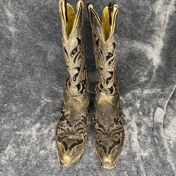 CORRAL BOOTS Brown Black Sequence Inlay Suede with Sequins Cowgirl Boots Size 7. - Picture 2 of 8